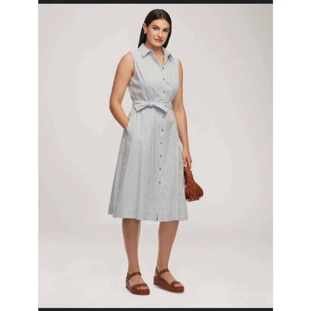NWT Anne Klein Belted Collared Striped Seersucker Dress $119- size 10